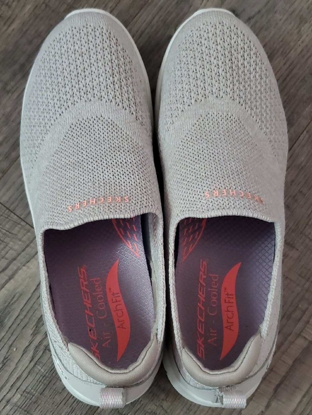 Skechers Women's Slip-On Knit Sneakers in Light Gray with Coral Accents